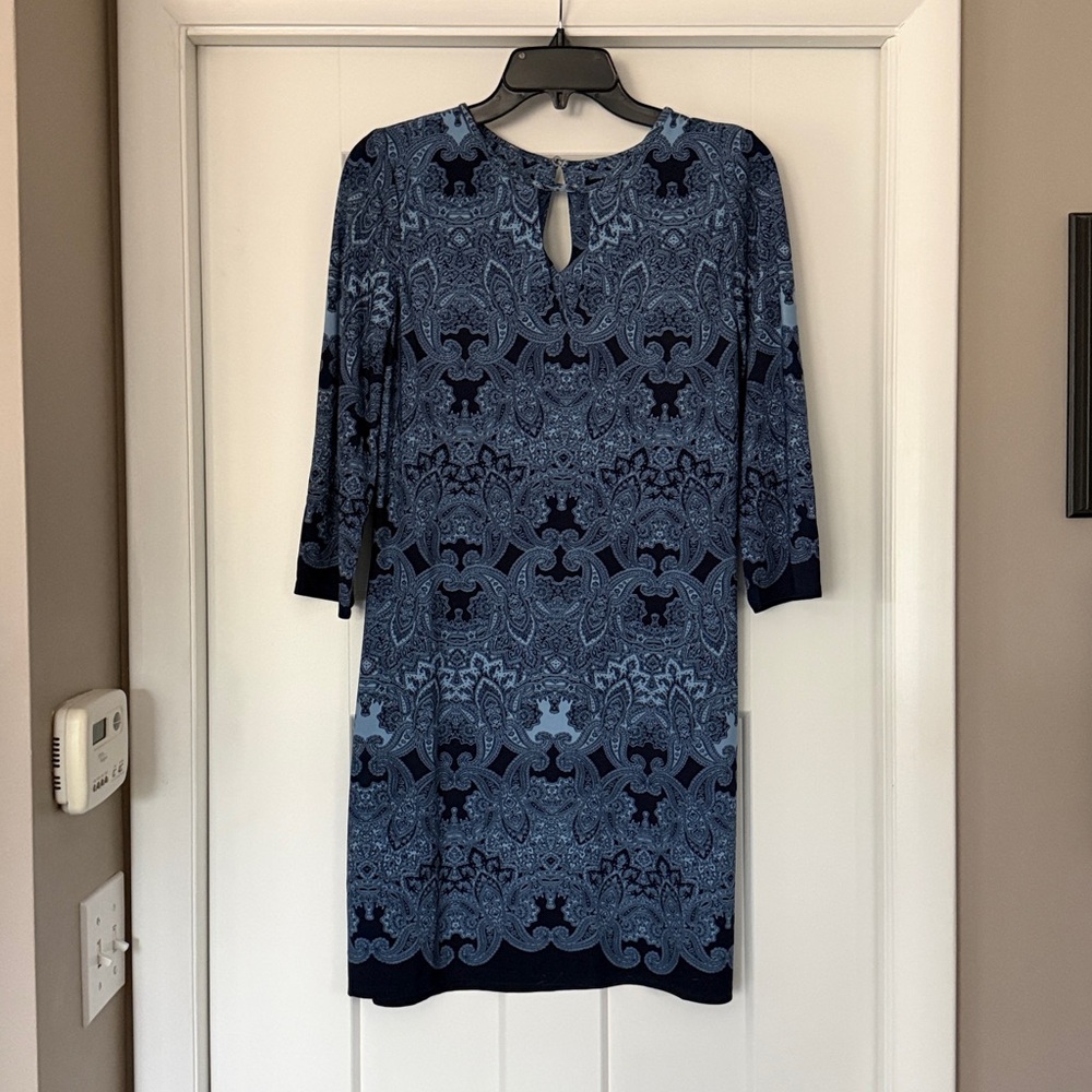 White House Black Market Navy and Light Blue Long Sleeve Dress